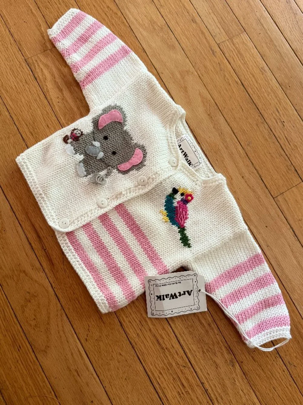 NWT Artwalk Pink Elephant and Parrot 6m Baby Knit Sweater 100% cotton 6 Months